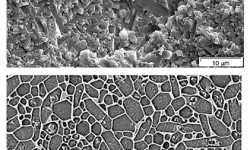 Fig. 2: Bearing-grade silicon nitride fractured surface (top) and plasma etched microstructure (bottom) showing the long needles of the beta-silicon nitride improving the toughness.