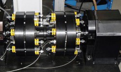 Fig. 9: Endurance life test rig with two sets of four axially loaded 7318 BEMA/HC5DBBVE5752 hybrid angular contact ball bearings.