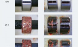 Fig. 5: Salt spray test: Illustrations to the left: non-coated. Illustrations to the right: black oxidized rings (left with artificial scratch, right without artificial scratch).