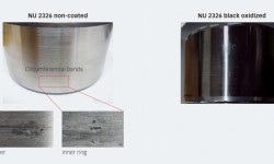 Fig. 6: Wind gearbox idling test with non-coated and black oxidized rings. Non-coated rings have smearing damage, while black oxidized rings have no significant damage.