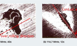 Fig. 4: Resultados experimentales de la propagación del desconchado desde una indentación artificial en el centro del camino de rodadura del aro interior de un rodamiento de rodillos cónicos. La elipse muestra el tamaño aproximado del contacto herciano.