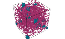 Fig. 5. Esempio di modello usato per la simulazione di un polimero con il metodo DPD (Dissipative Particle Dynamics). Le particelle blu scuro rappresentano la sostanza di rinforzo, mentre quelle amaranto rappresentano le catene di polimeri. Immagine prodotta con il software Ovito.