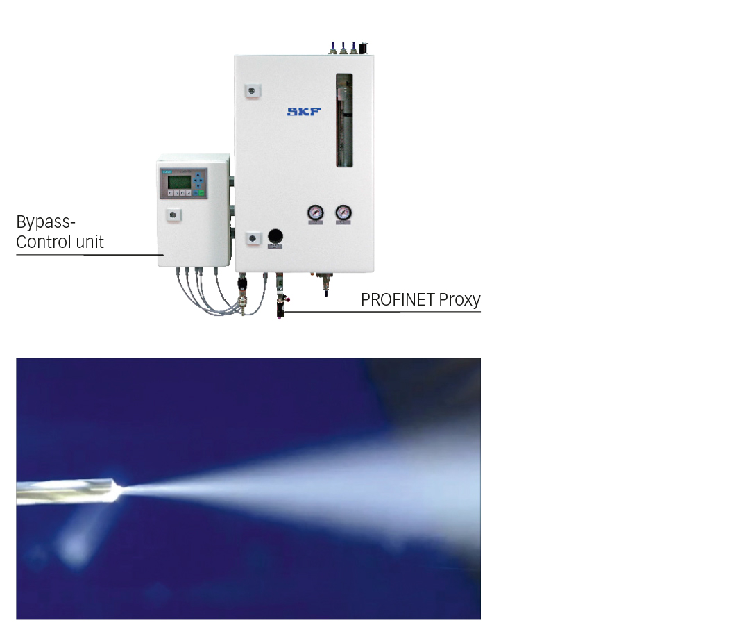 Fig. 7: in alto: DigitalSuper con bypass; in basso: uscita uniforme dell’aerosol (Foto: Gühring).