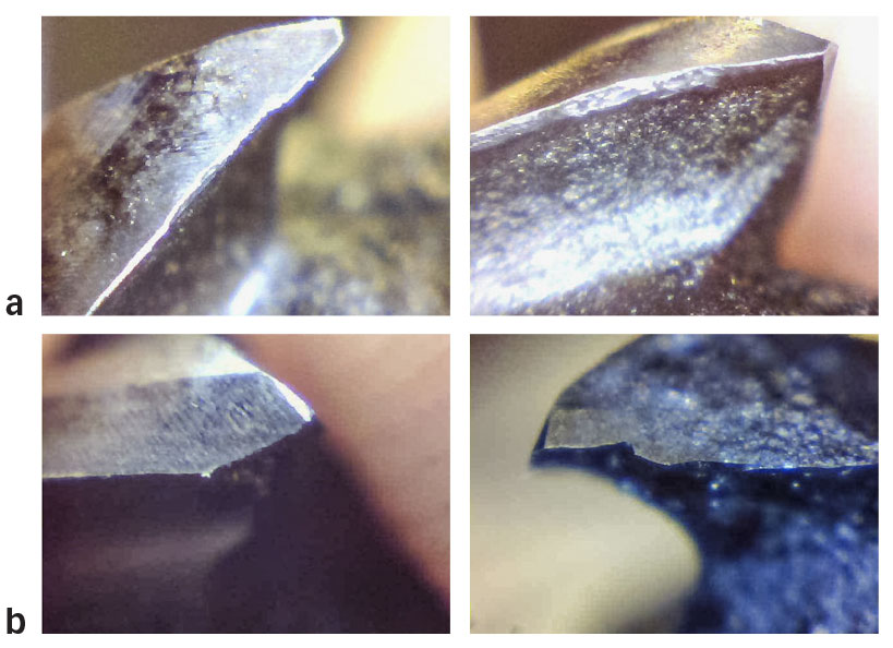 Série d’images de la fraise utilisée pour les essais d’usinage avec la microlubrification externe comme méthode de lubrification.