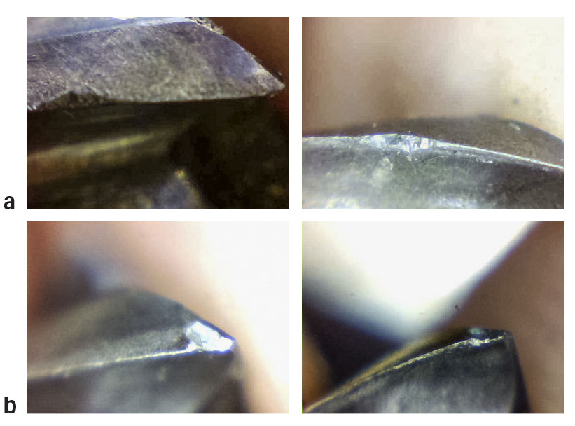 Série d’images de la fraise utilisée pour les essais d’usinage avec la microlubrification interne comme méthode de lubrification