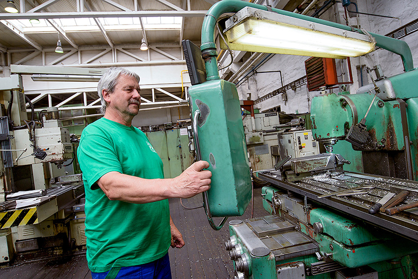 Pavel Pridal works on a milling machine at the Papcel production plant in Litovel, Czech Republic.