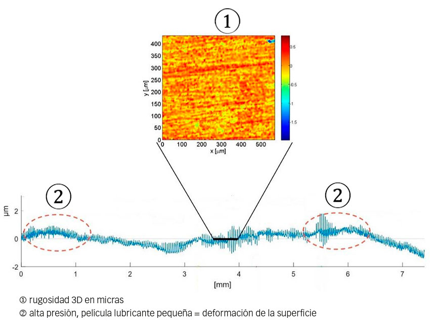 Fig. 2: Ejemplo de perfil del camino de rodadura de un rodamiento, y rugosidad 3D modificada tras desgaste desigual.