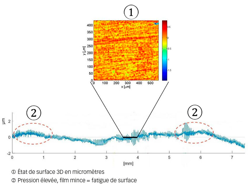 Fig. 2. Exemple de profil d’une piste de roulement et de la modification de l’état de surface en 3D sous l’effet d’une usure irrégulière.