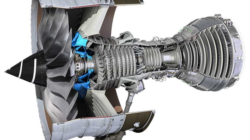 Sezione del motore con turbina a gas Rolls-Royce Trent XWB.