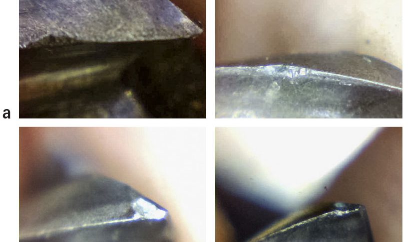 图5：用内部MQL作为润滑方法的加工试验的立铣刀爆裂图片；上图：a)第一次试验中的铣刀；下图：b)第二次试验中的铣刀。