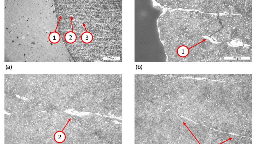 Белые трещины травления, обнаруженные с помощью оптического микроскопа на параллельном срезе осевой трещины, и увеличенные изображения трёх обозначенных областей.