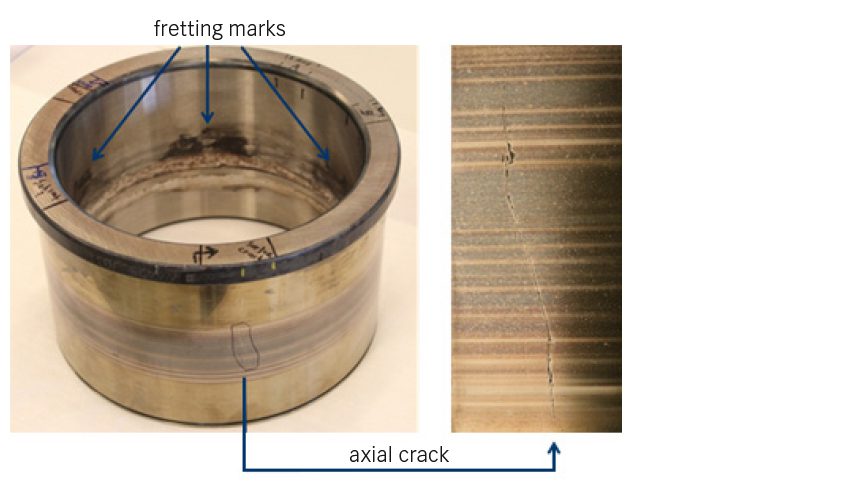 Prematurely failed bearing with axial crack on the inner ring raceway.