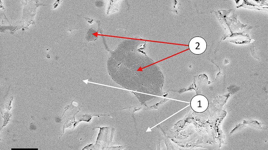 Mikrostruktura žárově stříkaného povlaku na snímku z rastrovacího elektronového mikroskopu