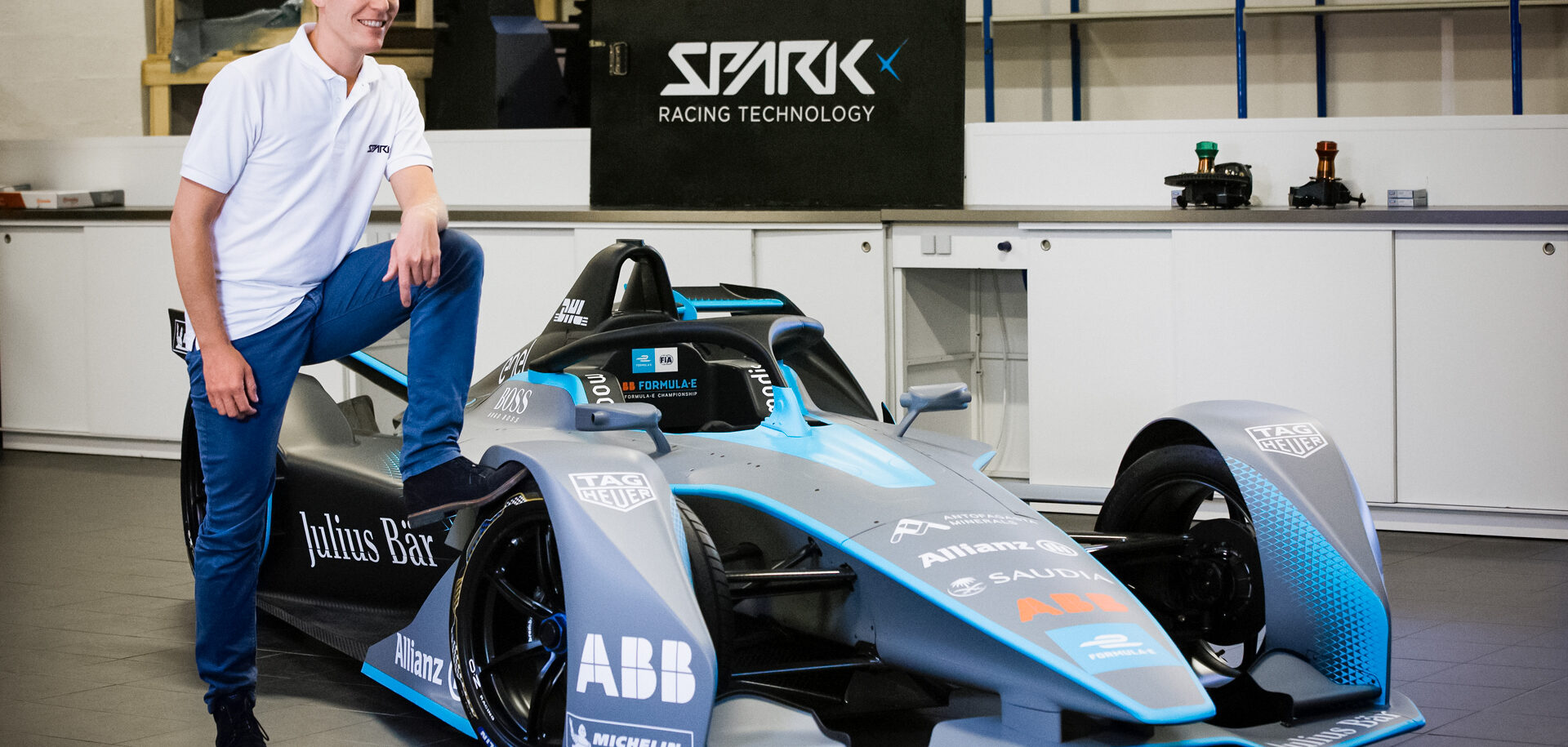 Théophile Gouzin, director of SRT’s design office, in front of the Gen2 Formula E car at the SRT plant in Tigery, France.